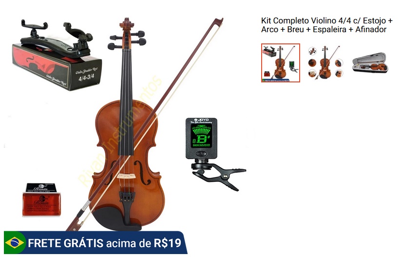 Kit Completo Violino 4/4 c/ Estojo + Arco + Breu + Espaleira + Afinador